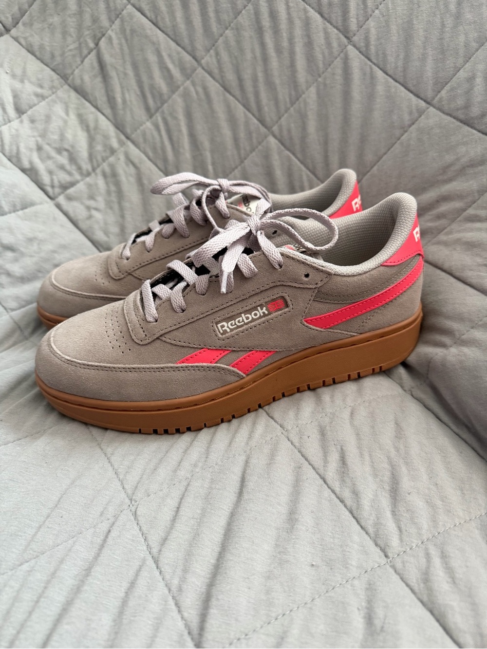 Reebok Women’s Taupe Suede Sneakers with Pink Accents